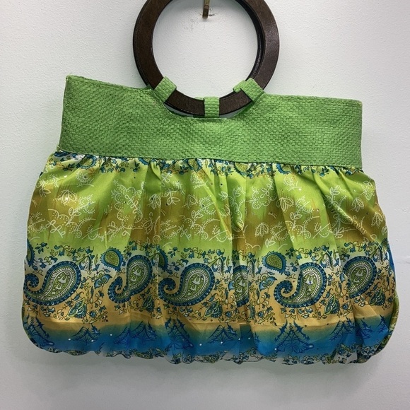 Y2K Paisley bedazzled wood handle bag preowned - Picture 2 of 8